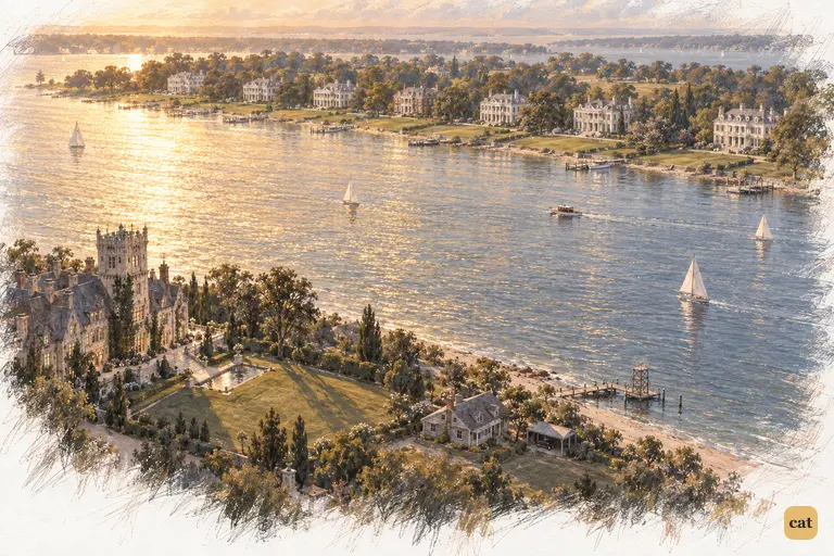 On a June evening, the bay glitters gold and East Egg's white palaces stand across it