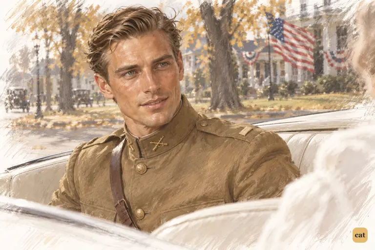 In Daisy's white roadster, a young lieutenant gazes at her while she talks to Jordan