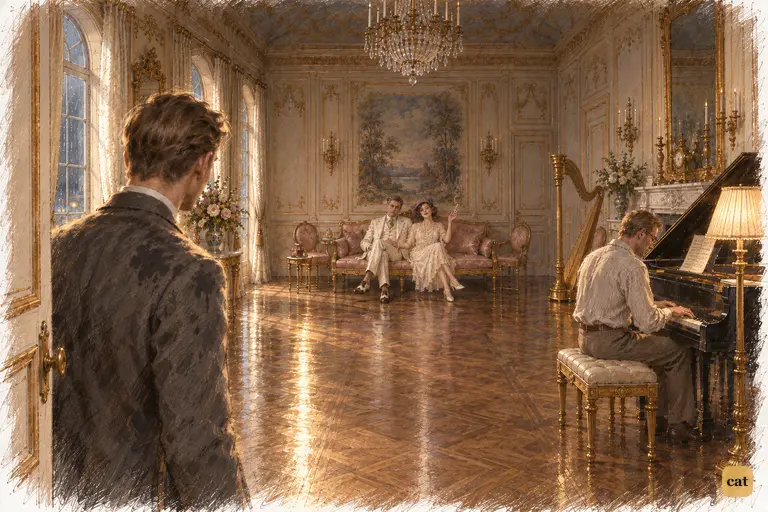 Nick stops in the doorway of the gilded music-room and looks back once.