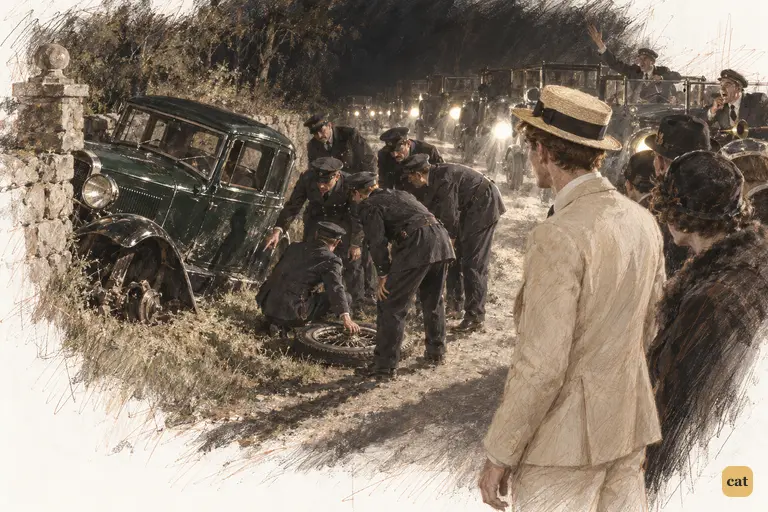 Past Gatsby's gate, a coupé sits in the ditch, one wheel off, lit by a dozen headlights