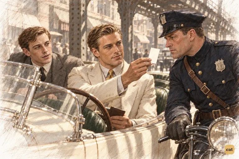 Under the elevated, Gatsby waves a small white card at a frowning motorcycle policeman
