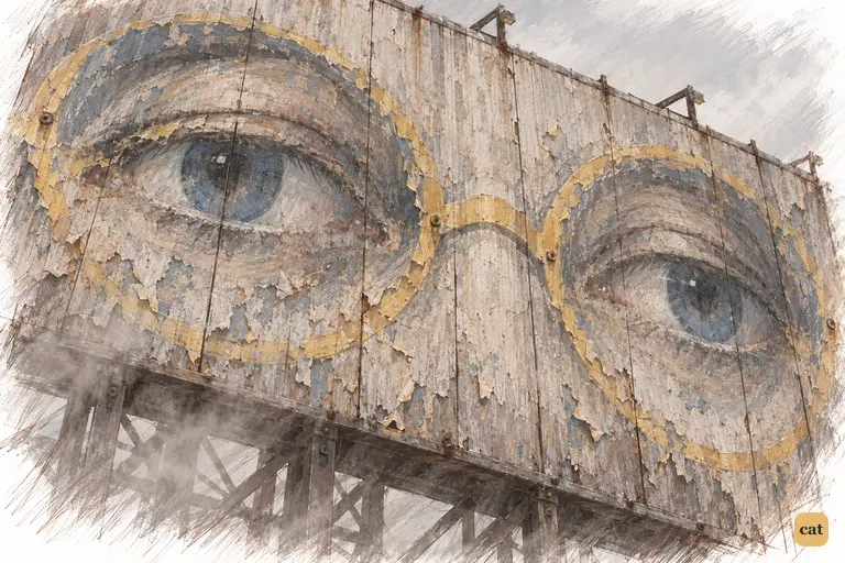 Faded blue eyes in yellow spectacles look down from a billboard on the valley of ashes