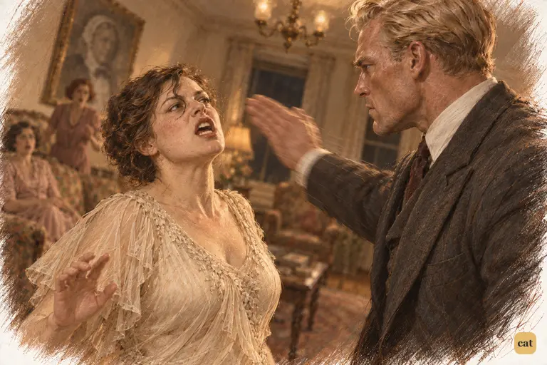 Tom Buchanan swings a short, practised blow at Myrtle, her mouth open on Daisy's name