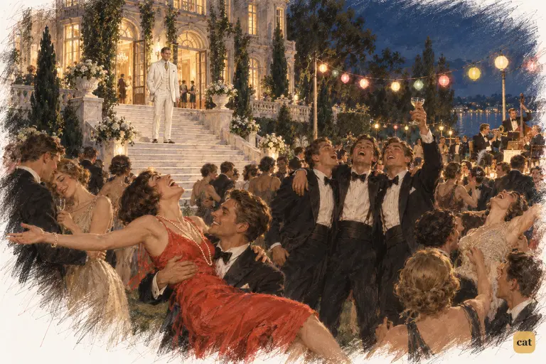 At the party's height, tipsy girls fall laughing into waiting arms as a quartet sways