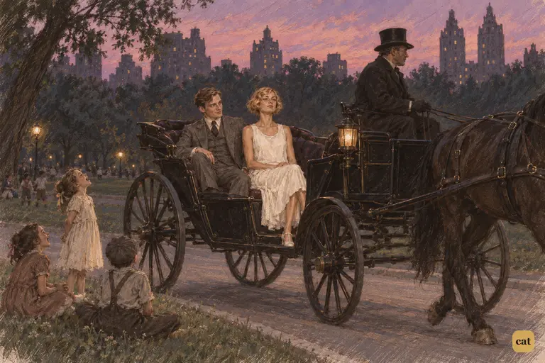 The story is over and the open victoria rolls slowly through Central Park in the hot violet dusk.