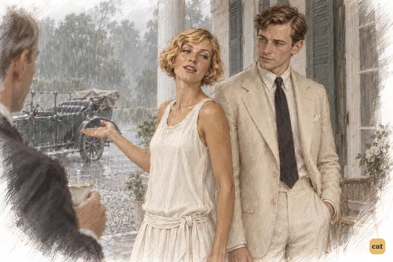 On a rain-soaked porch in Warwick, Jordan Baker calmly denies leaving a car in the rain