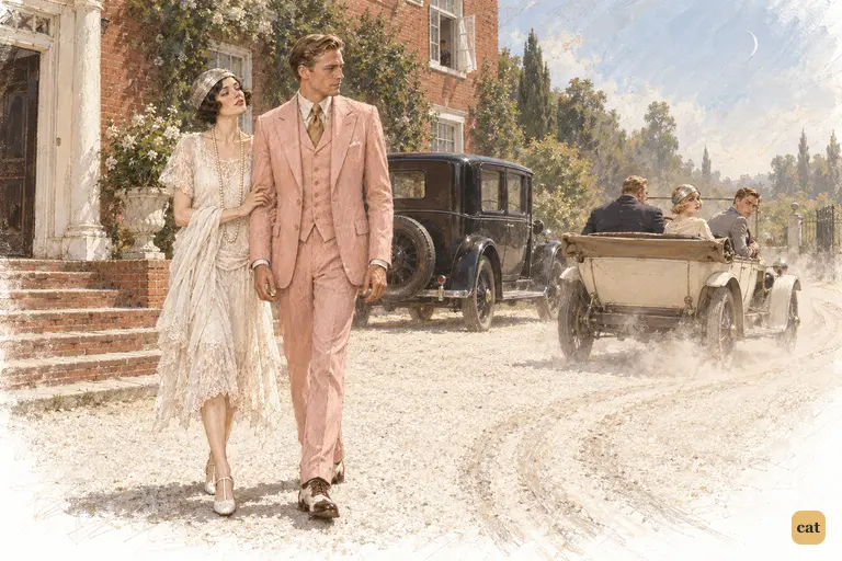 Tom, Jordan and Nick drive off down the blazing drive in Gatsby's cream car.