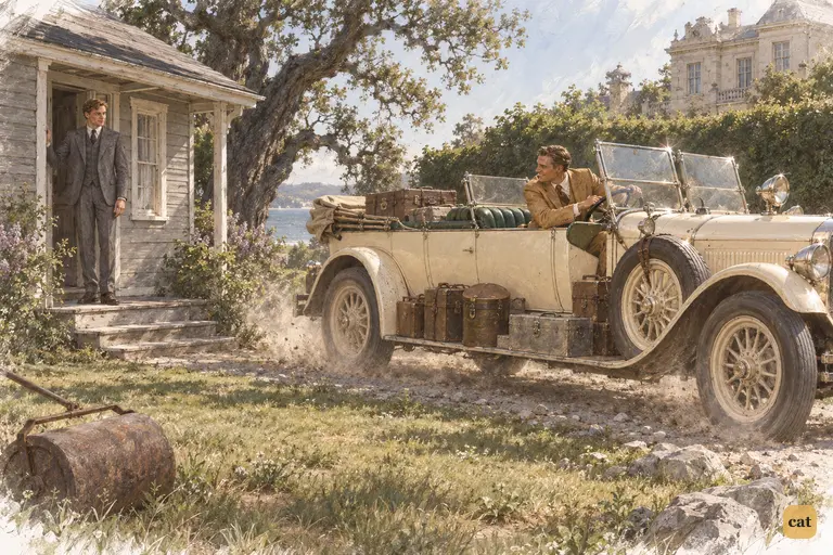 On a bright July morning, Gatsby's huge cream car lurches up to Nick's grey bungalow