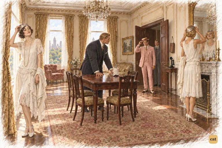 Five people stand apart in a stifling Plaza Hotel parlour on a white-hot afternoon.