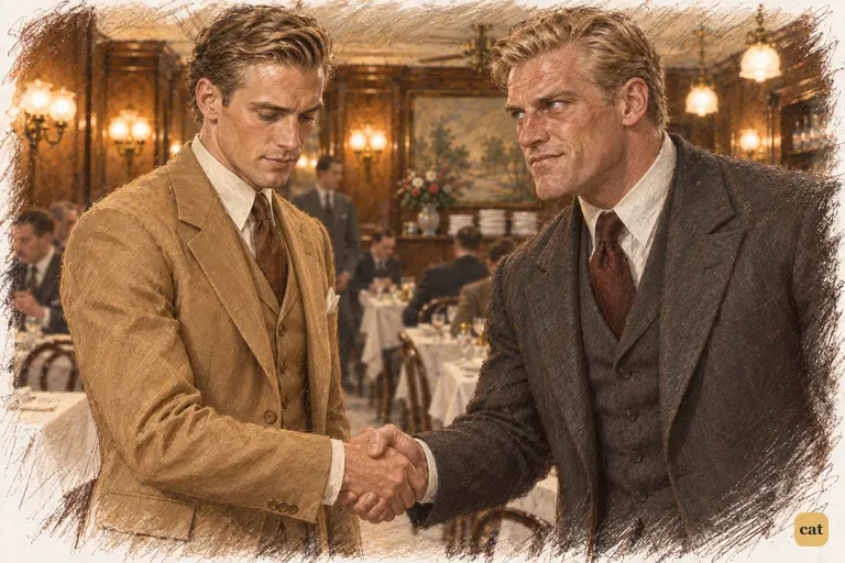 Tom Buchanan grips Gatsby's hand while looking past him, and Gatsby looks embarrassed