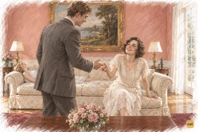 Laughing, Daisy half-rises from the ivory couch and reaches out a hand to Nick