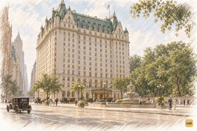 On a hazy summer afternoon in 1922, the white Plaza Hotel rises over Fifth Avenue