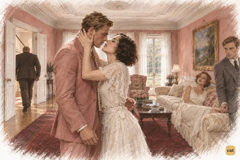 With Tom gone for drinks, Daisy pulls Gatsby's face down to hers and says she loves him