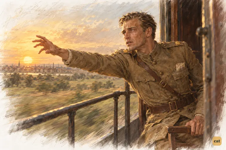 In a day-coach vestibule, Gatsby reaches toward Louisville as it slips away at sunset