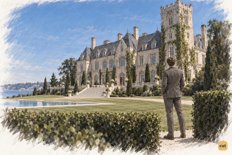 From a gap in the hedge, Nick looks up at his neighbour's colossal new mansion