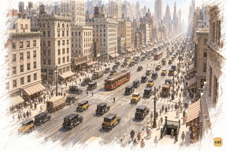 Forty-second Street burns white at noon, loud with traffic and crowded with people