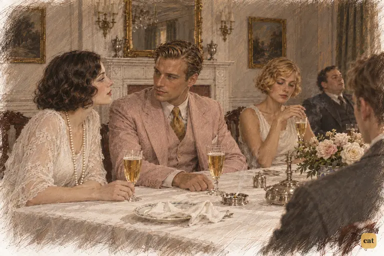 At the darkened luncheon table, Daisy and Gatsby gaze into each other's eyes as if alone