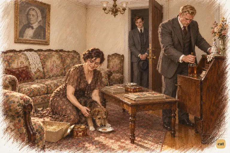 Myrtle kneels over her new puppy in the cramped 158th Street flat full of huge furniture