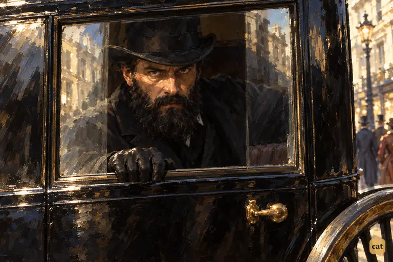 From a hansom on Regent Street, a black-bearded man stares at Holmes and Watson