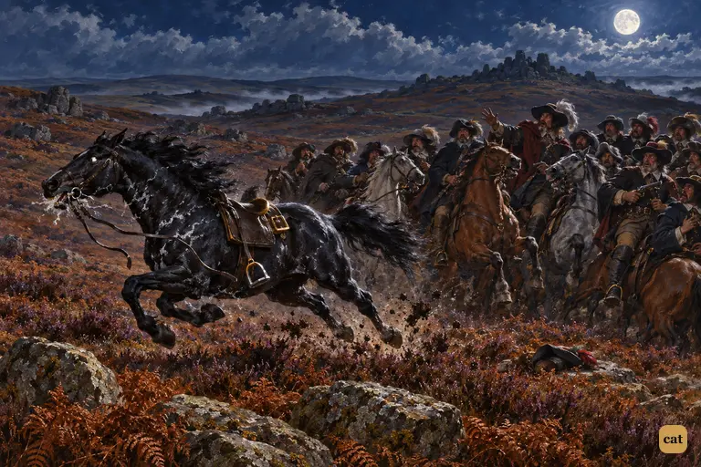 Hugo Baskerville's black mare gallops back across the moonlit moor with an empty saddle