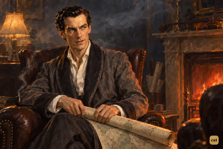Late at night in the smoky sitting-room, Holmes rolls up the Ordnance map by firelight