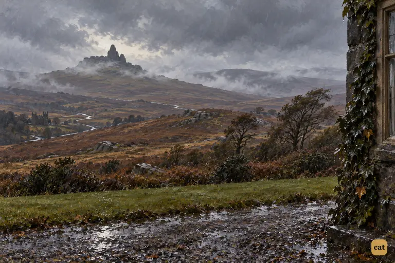 The fog lifts off the distant black tor where the stranger stood, and its summit is bare