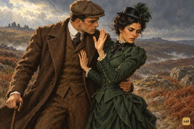 On the moor path, Sir Henry draws Miss Stapleton to his side and stoops his head to hers.
