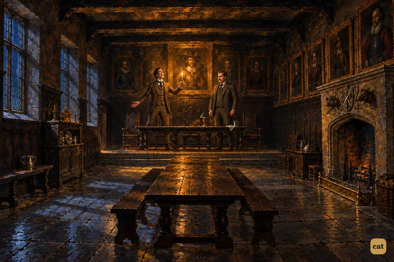 Late at night in the dark banqueting-hall, Holmes turns from the portrait of wicked Hugo and bursts into one of his rare fits of laughter.