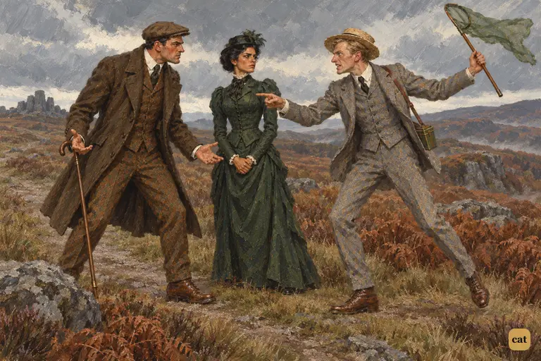 Stapleton jabs a finger at Sir Henry, who spreads his hands in angry protest