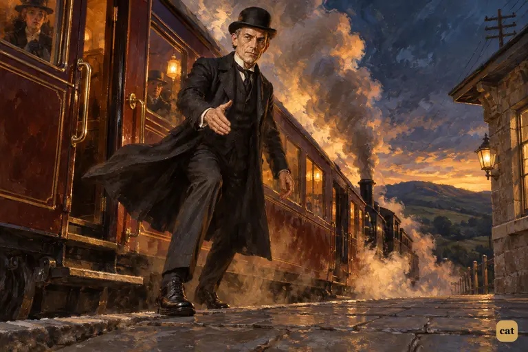 Lestrade springs from the London express at Coombe Tracey, his hand out for Holmes