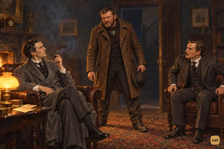 Bowler in fist, the cabman walks in and demands to know what Holmes has against him