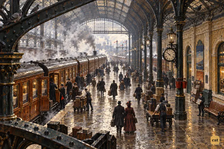 On a grey, sooty morning, Paddington Station stretches beneath its iron-and-glass roof