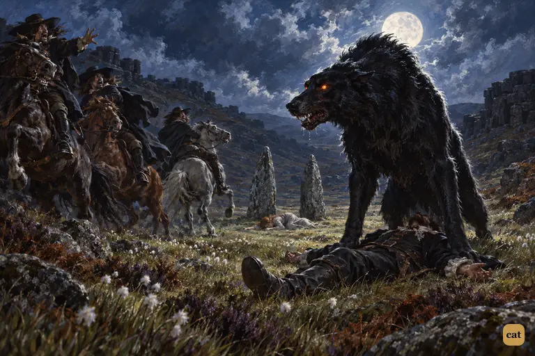 Between two standing stones, the huge black hound stands over Hugo's body as riders flee