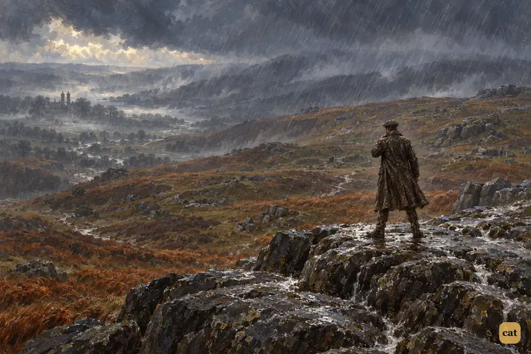 Watson stands alone in the evening downpour on the black tor where he saw the watcher