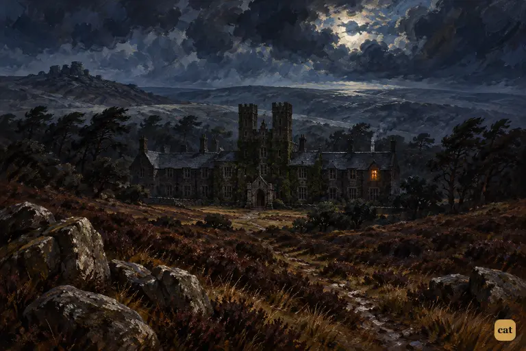 Baskerville Hall lies dark in its hollow on the night moor under a clouded moon.