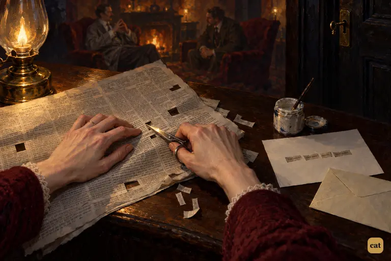 A woman's trembling hands cut printed words from a newspaper by low lamplight