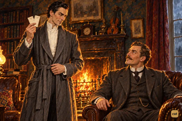 Holmes rises from his armchair by the blazing fire and holds up opera tickets