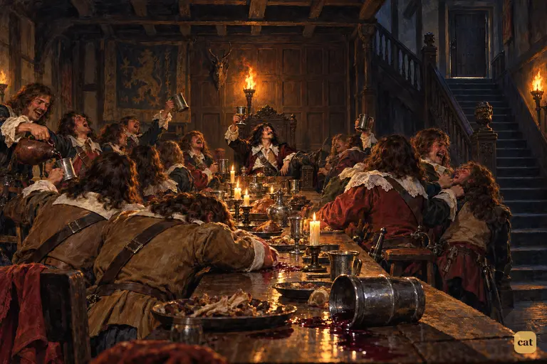Hugo Baskerville and his drunken companions carouse under the Hall's blackened beams