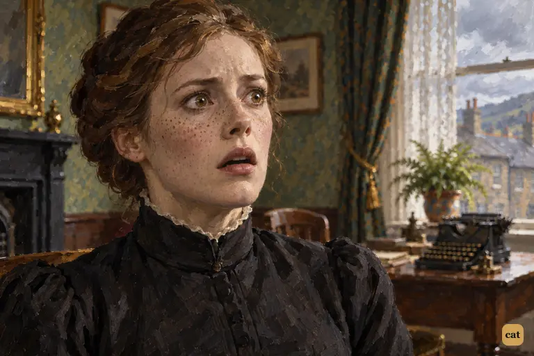 At the words "the very day of Sir Charles's death," the flush drains from Mrs. Lyons's face.