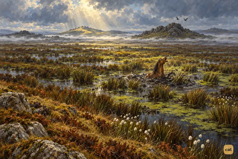 A moor pony sinks into the false green ground of the Grimpen Mire.