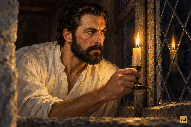 Barrymore crouches in the deep stone embrasure with a candle held to the leaded glass.