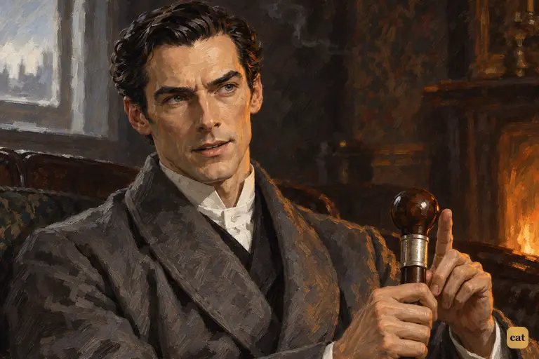 On the settee, Holmes raises one finger beside the stick's silver-banded head