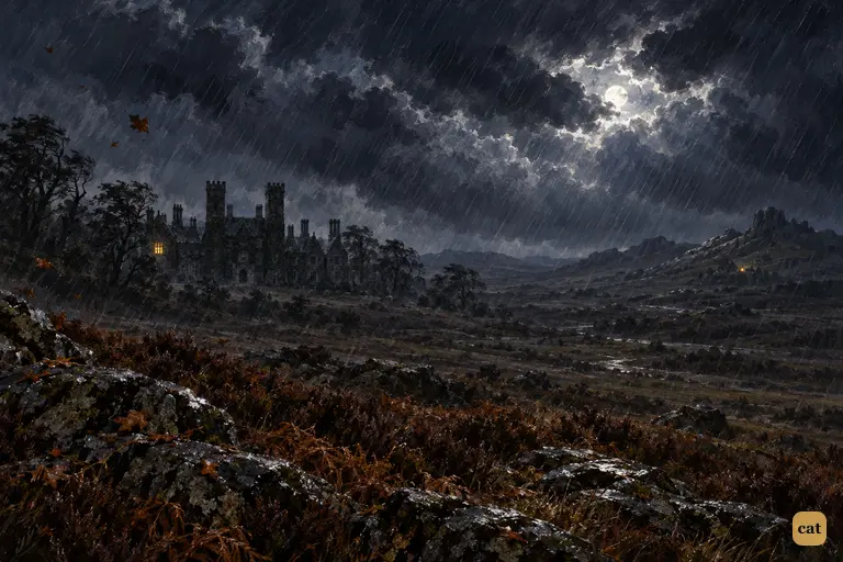 Baskerville Hall sits low and dark in its hollow with a single candle in its west wing.