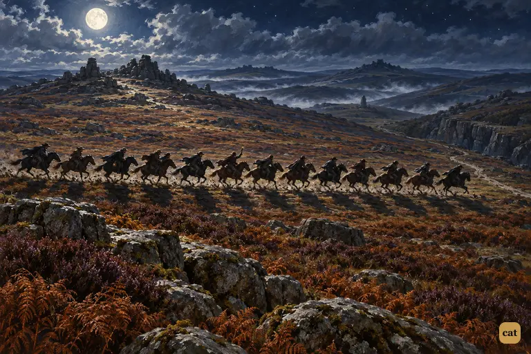 Under a full moon, thirteen revellers gallop across the moor after Hugo and his hounds