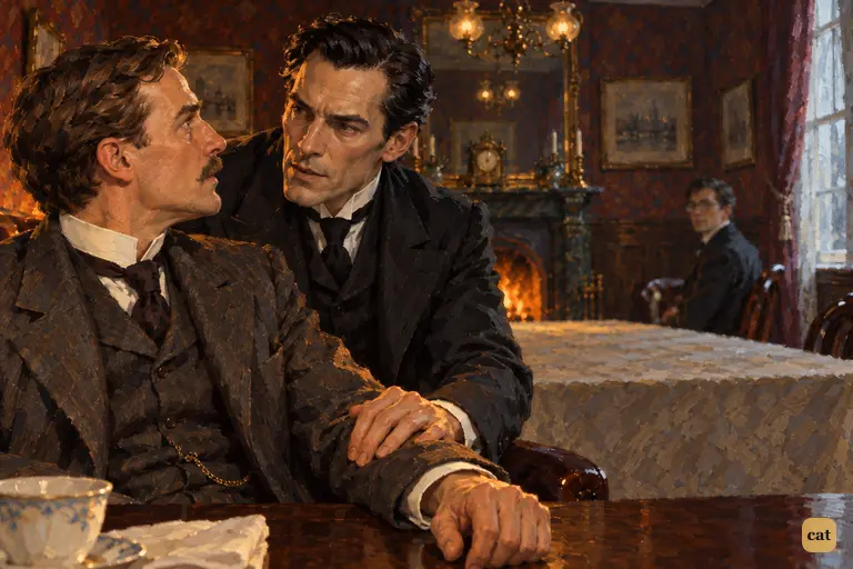 Hand on Watson's arm, Holmes puts him forward as Sir Henry's companion on Dartmoor