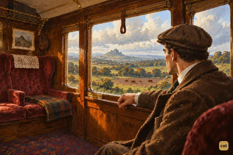 Sir Henry sits silent at the carriage window, taking his first look at the moor