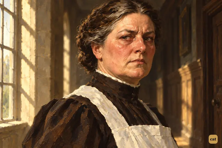 Morning sun falls on Mrs. Barrymore's stern, set face in the long corridor