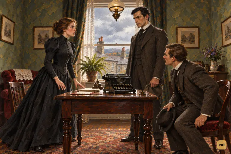 Mrs. Lyons jumps up from the typewriter table when told Stapleton is married