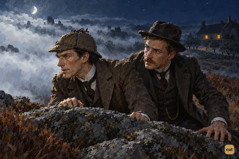 Behind the granite screen, Holmes stares at the moonlit fog rolling in from the Grimpen Mire and says, "It's moving towards us."