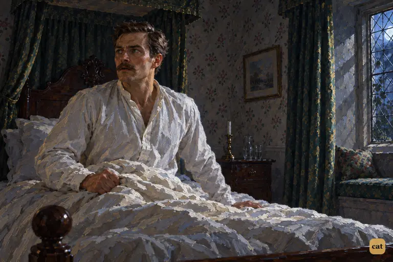Dr. Watson sits bolt upright in bed at Baskerville Hall, holding his breath